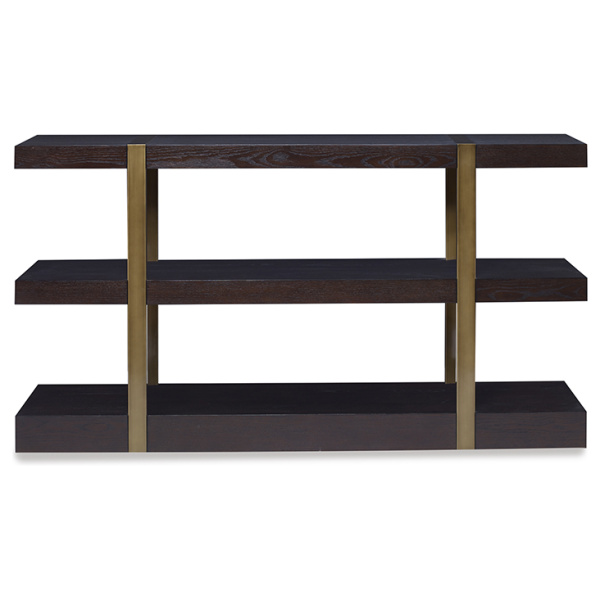 The Mercer Console in Warm Dark Oak with Finished Aged Brass sits in a studio.