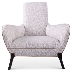 The Naomi Chair in light fabric with Dark Maple Finishes is a pair in this airy living room.