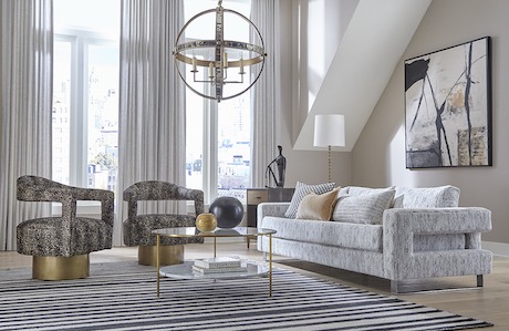 A modern velvet couch goes great with both gold accents and an eclectic style.