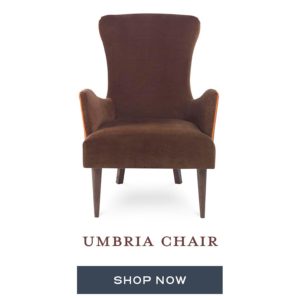 A deep brown living room chair with a flared back and arms.